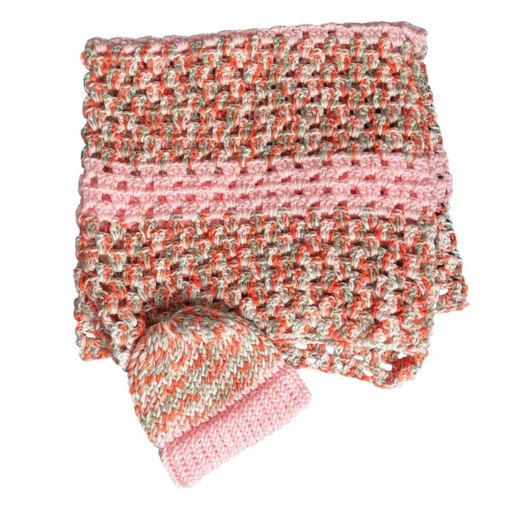 Handmade Crochet Baby Toddler Crib Blanket Beanie Hat Set Pink Multicolor NEW